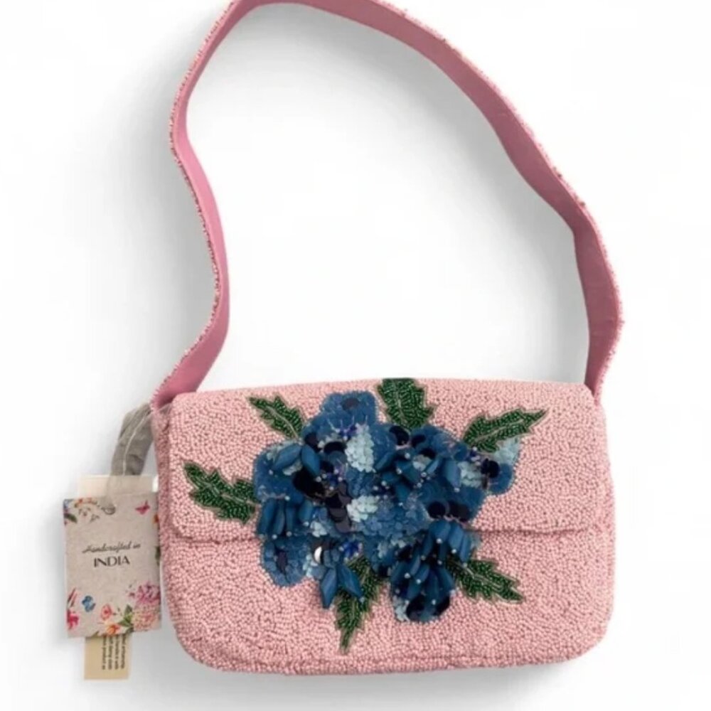 Handcrafted in India Beaded Bag Pink with Blue Flowers Floral Design NWT